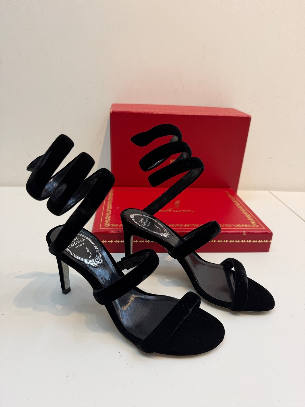 Rene caovilla Black Spiral Wrap Velvet Stiletto Sandals